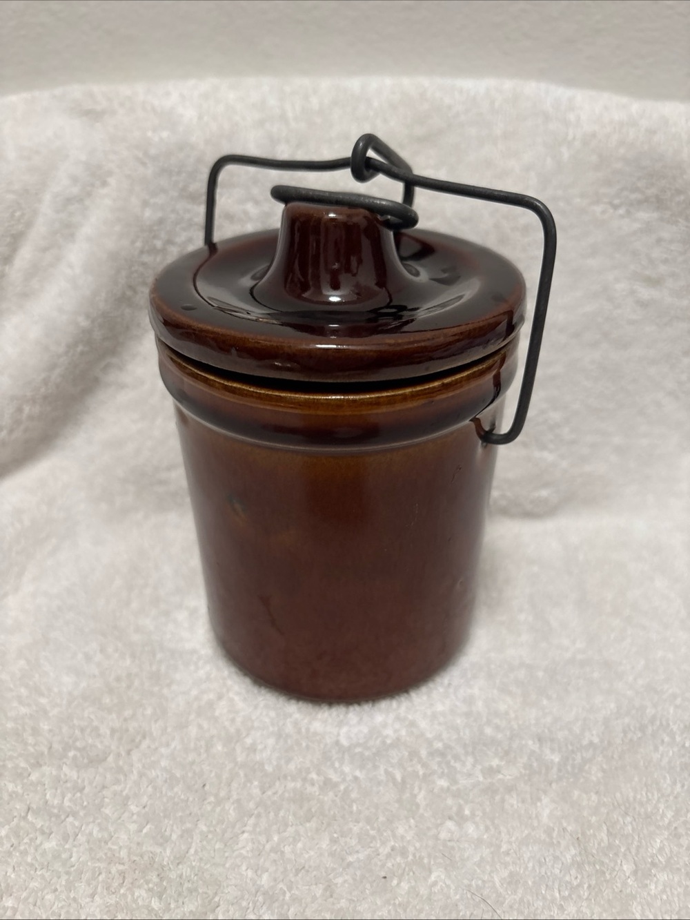 Vintage Brown Ceramic Crock Lidded Canister with Wire Handle - Kitchen Storage